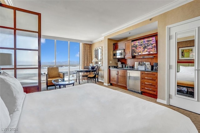 bedroom featuring bar area, a wall of windows, crown molding, and light wood-type flooring