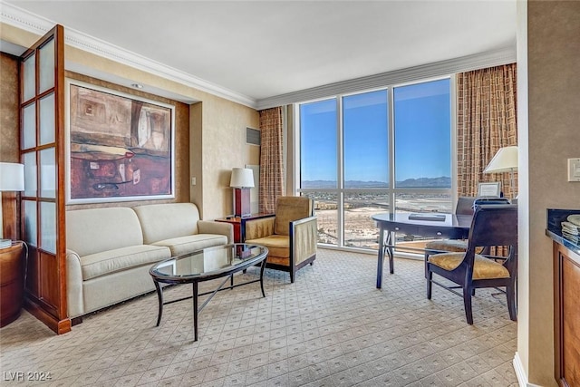 living room featuring floor to ceiling windows, light colored carpet, and crown molding