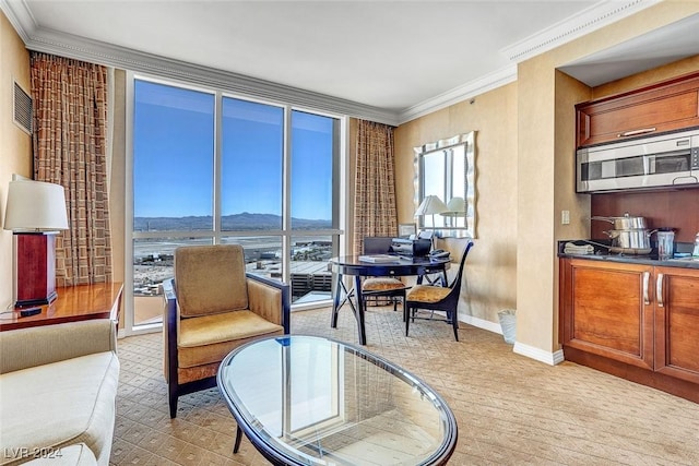 living area with a mountain view, light hardwood / wood-style flooring, and ornamental molding