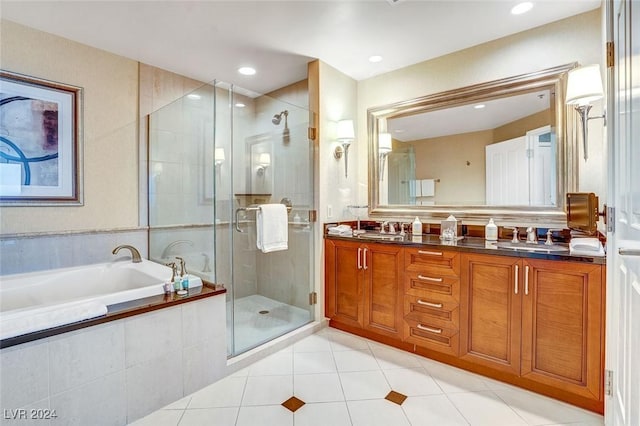 bathroom featuring plus walk in shower and vanity