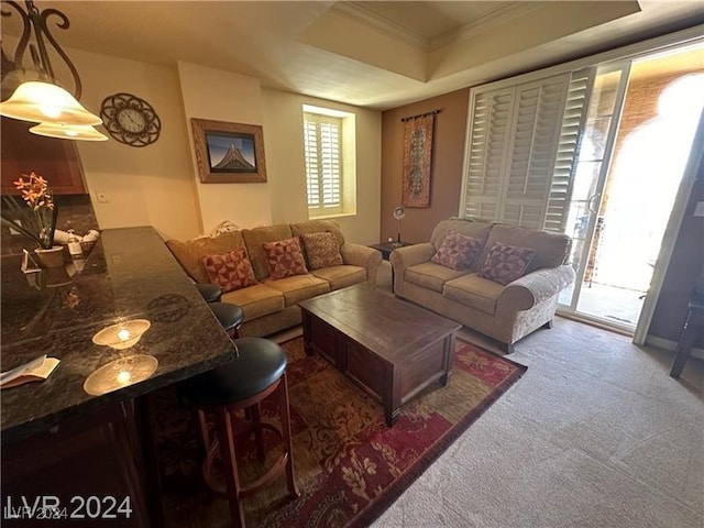 living room with carpet, a raised ceiling, and ornamental molding