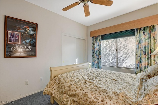 bedroom with carpet flooring, ceiling fan, and a closet