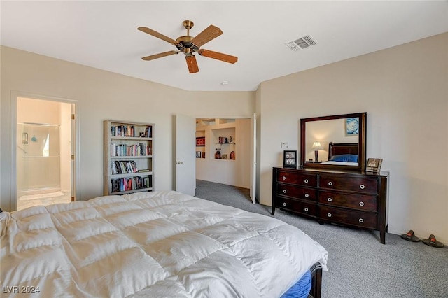 carpeted bedroom featuring ceiling fan and ensuite bathroom