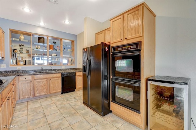 kitchen featuring sink, light brown cabinets, wine cooler, light tile patterned floors, and black appliances