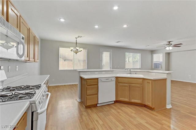 kitchen with light wood-type flooring, white appliances, ceiling fan with notable chandelier, sink, and decorative light fixtures