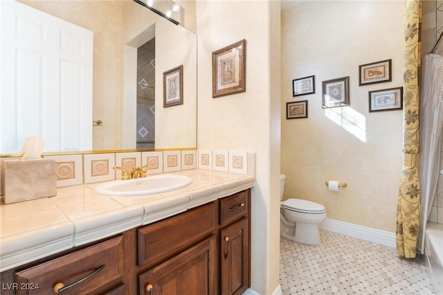 full bathroom with vanity, toilet, and shower / tub combo with curtain