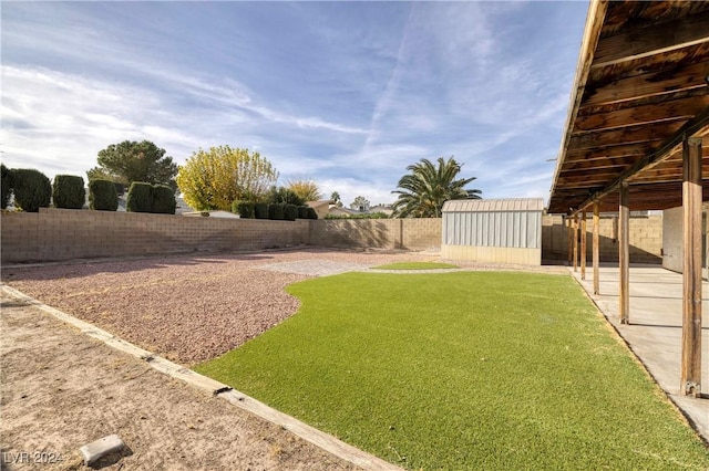 view of yard with a storage shed