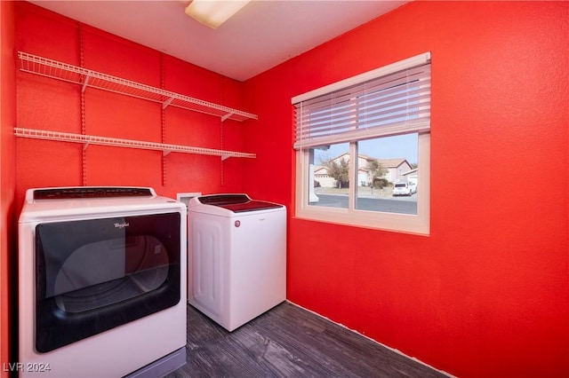 laundry area featuring washer and dryer and dark hardwood / wood-style flooring