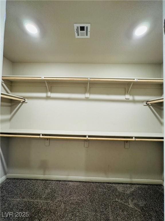 walk in closet with dark carpet