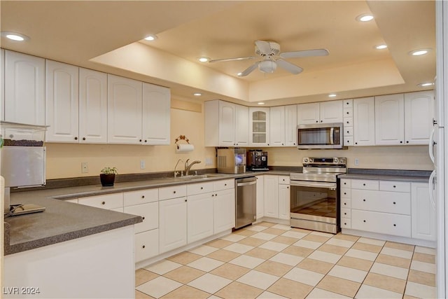 kitchen featuring white cabinetry, sink, ceiling fan, a tray ceiling, and appliances with stainless steel finishes