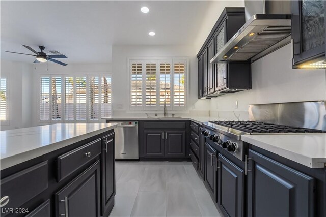 kitchen featuring sink, stainless steel appliances, a wealth of natural light, and wall chimney range hood