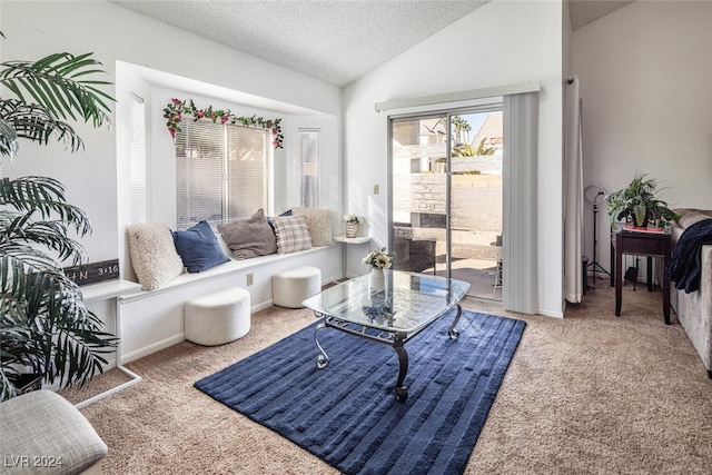 living area with carpet flooring, a textured ceiling, and vaulted ceiling