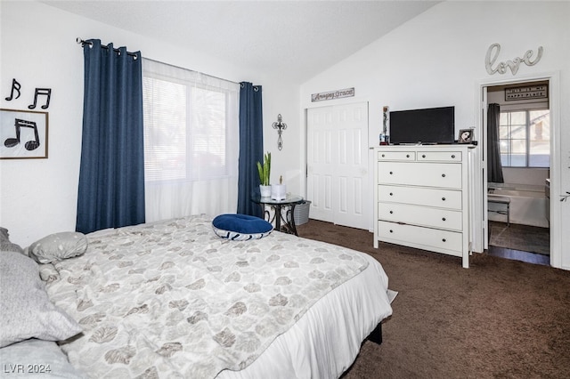 carpeted bedroom with connected bathroom, vaulted ceiling, and a closet