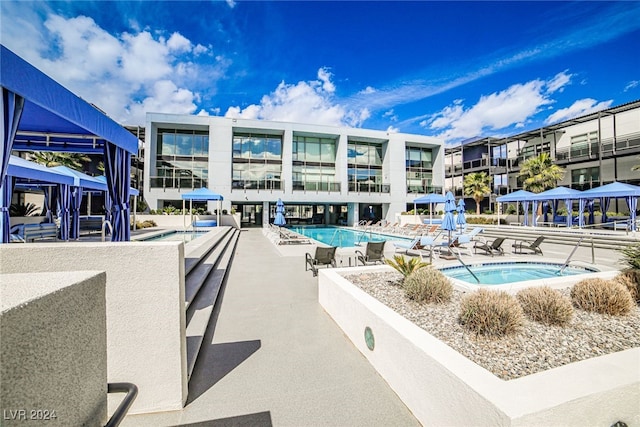 view of swimming pool featuring a hot tub