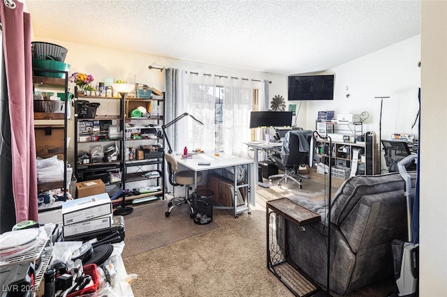 carpeted home office featuring a textured ceiling