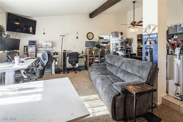 living room with light carpet, a textured ceiling, vaulted ceiling with beams, and ceiling fan