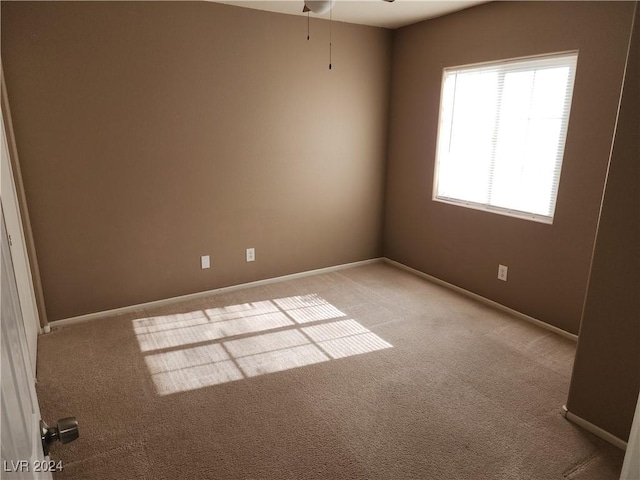 carpeted spare room featuring ceiling fan