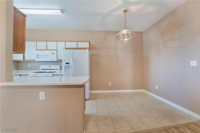 kitchen featuring kitchen peninsula, white cabinets, decorative light fixtures, and white appliances