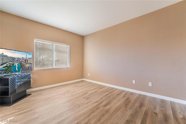 spare room with a wood stove and light hardwood / wood-style floors