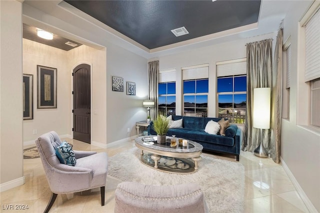 living room with a raised ceiling