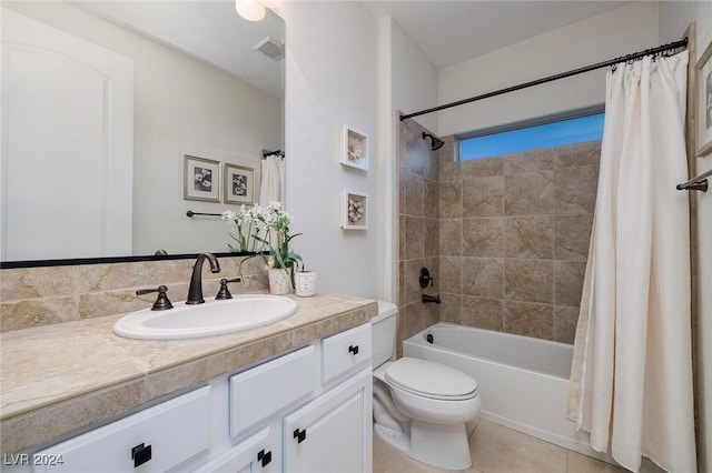 full bathroom featuring vanity, tile patterned flooring, shower / bathtub combination with curtain, and toilet