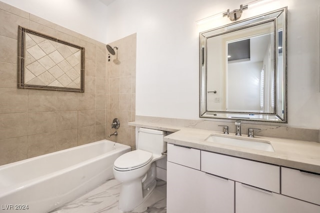 full bathroom with tiled shower / bath combo, toilet, and vanity