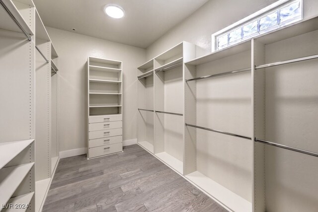 walk in closet with light hardwood / wood-style floors