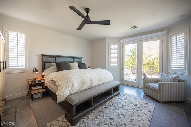 bedroom with ceiling fan, light tile patterned floors, access to outside, and french doors