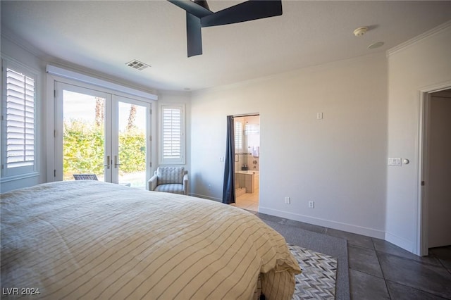 bedroom featuring ceiling fan, ensuite bathroom, access to outside, dark tile patterned flooring, and ornamental molding