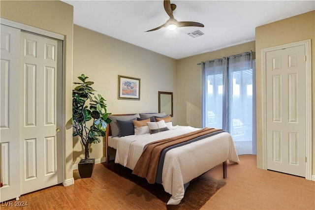 bedroom featuring ceiling fan and light wood-type flooring