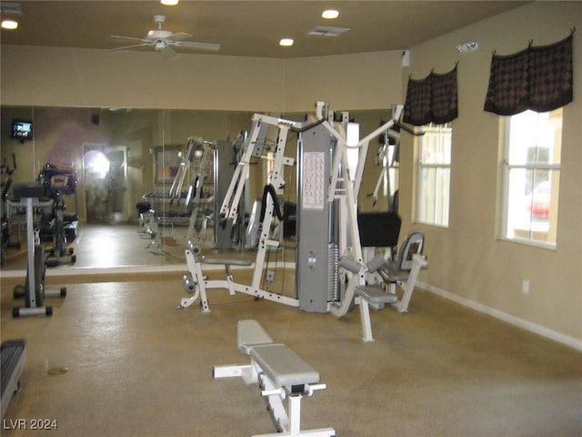 workout area with ceiling fan