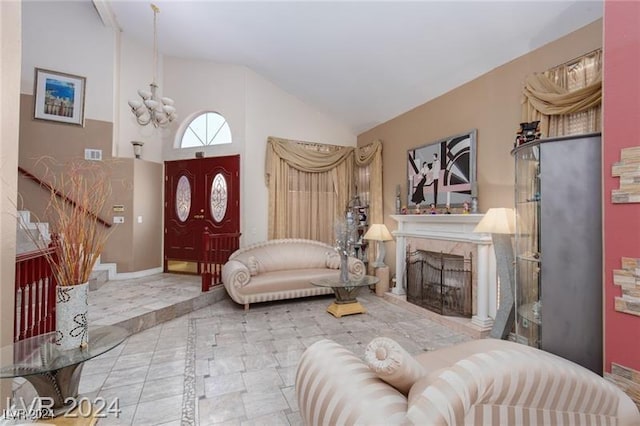 tiled entrance foyer featuring high vaulted ceiling