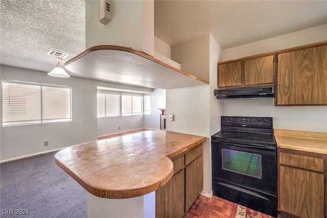 kitchen featuring kitchen peninsula, a textured ceiling, and black / electric stove