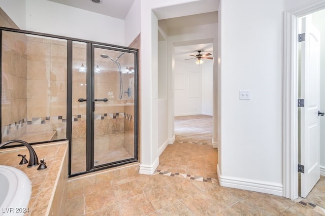 bathroom featuring tile patterned flooring, shower with separate bathtub, and ceiling fan