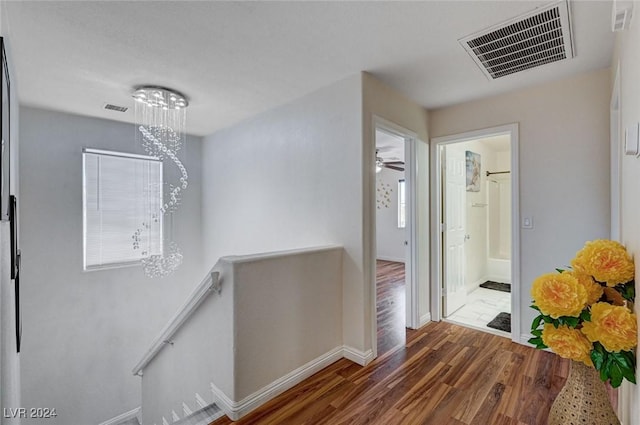 corridor featuring dark hardwood / wood-style floors and an inviting chandelier