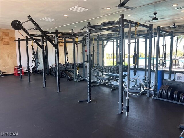 workout area featuring a ceiling fan, a healthy amount of sunlight, and visible vents