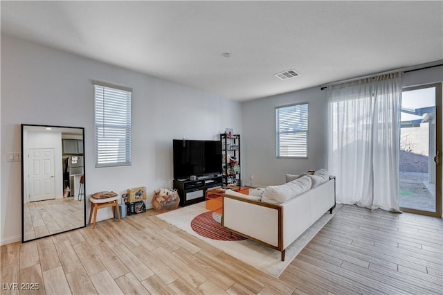 living room featuring light hardwood / wood-style floors and a wealth of natural light