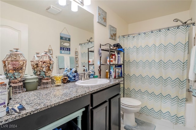 full bathroom featuring vanity, toilet, and shower / bathtub combination with curtain