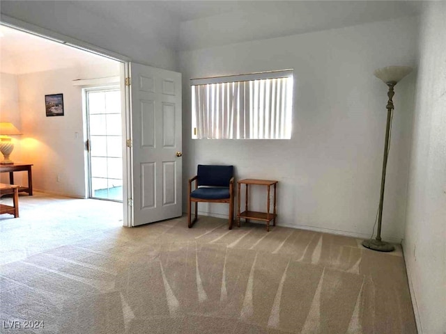 living area featuring light colored carpet