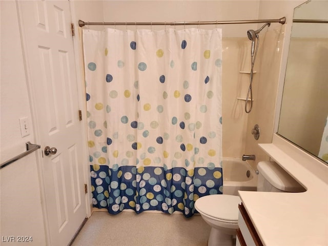 full bathroom with shower / bath combo, toilet, and vanity