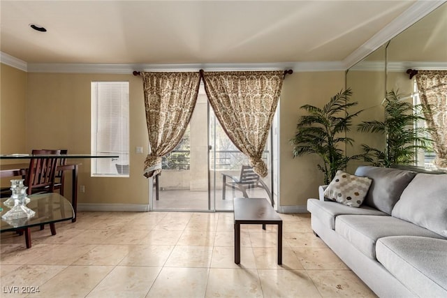 living room with light tile patterned floors and crown molding