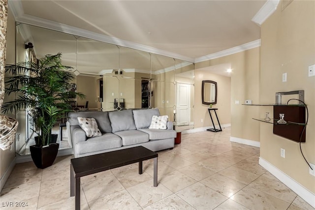 living room with crown molding