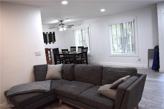 living room featuring ceiling fan and wood-type flooring