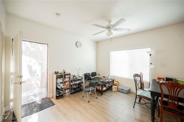 office area featuring ceiling fan and light wood-type flooring