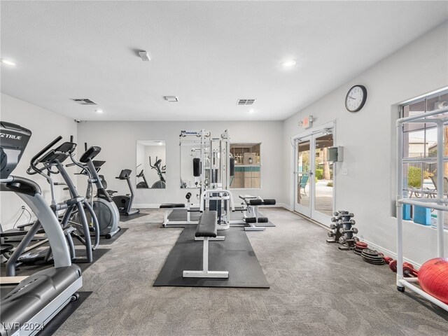 workout area featuring french doors and carpet