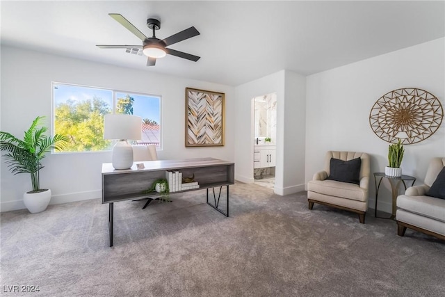 office space featuring ceiling fan and carpet floors