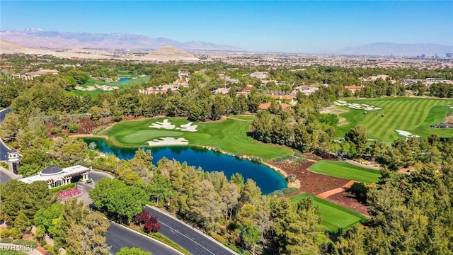 birds eye view of property with a water and mountain view