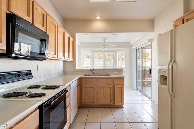 kitchen featuring light tile patterned floors, white appliances, ceiling fan, and sink