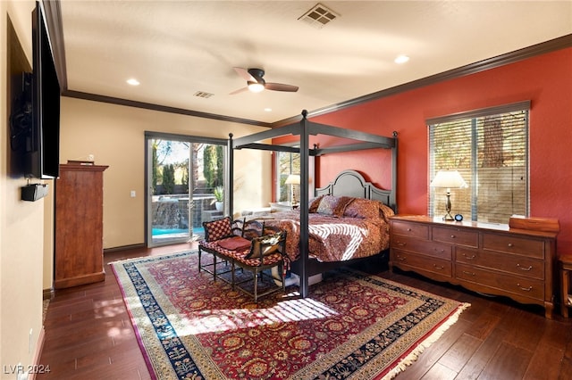 bedroom with ceiling fan, dark hardwood / wood-style flooring, crown molding, and access to outside