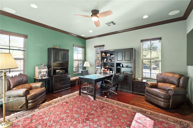 office area featuring ornamental molding, ceiling fan, and dark wood-type flooring